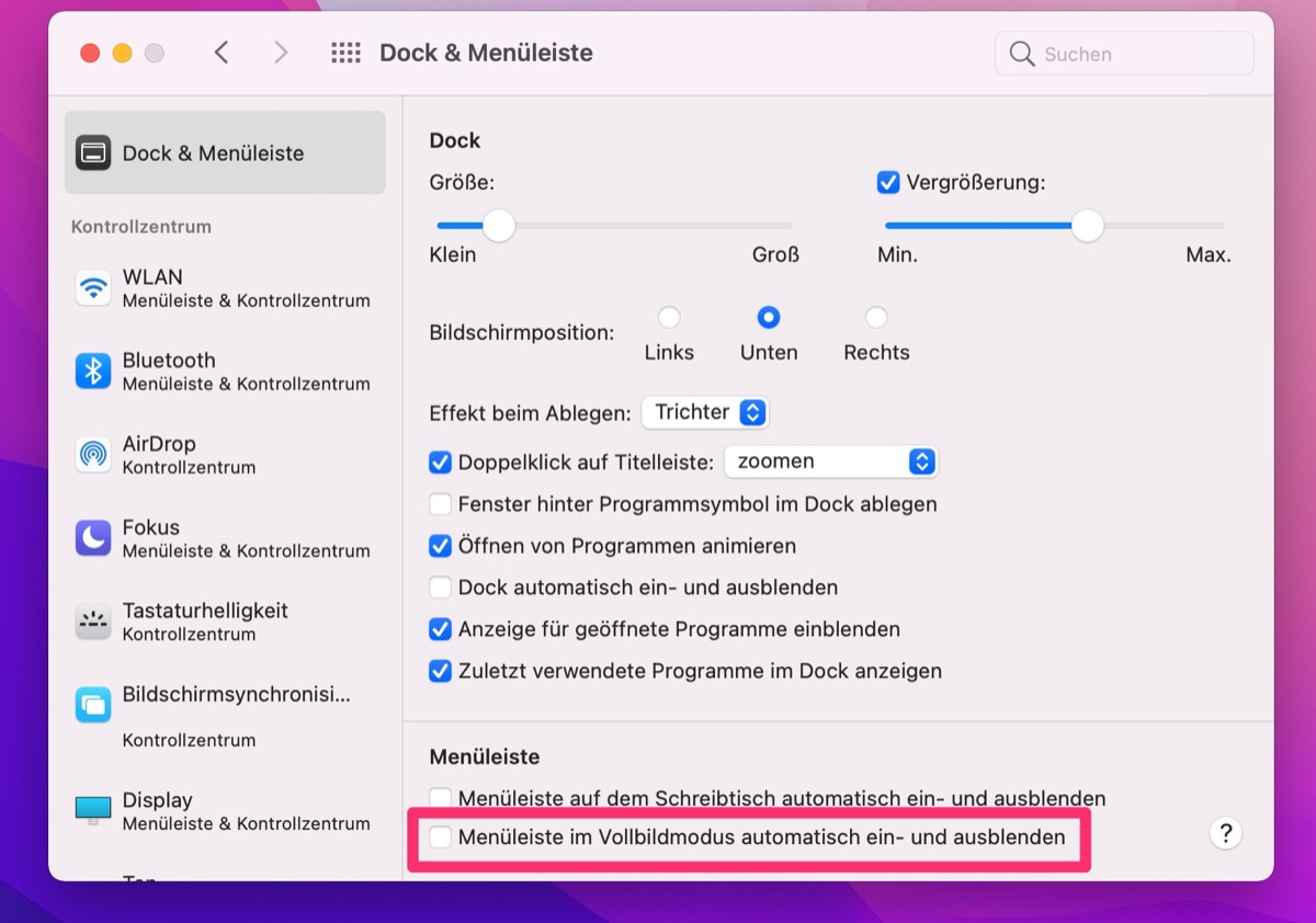 macOS Monterey: Menüleiste im Vollbildmodus eingeblendet lassen