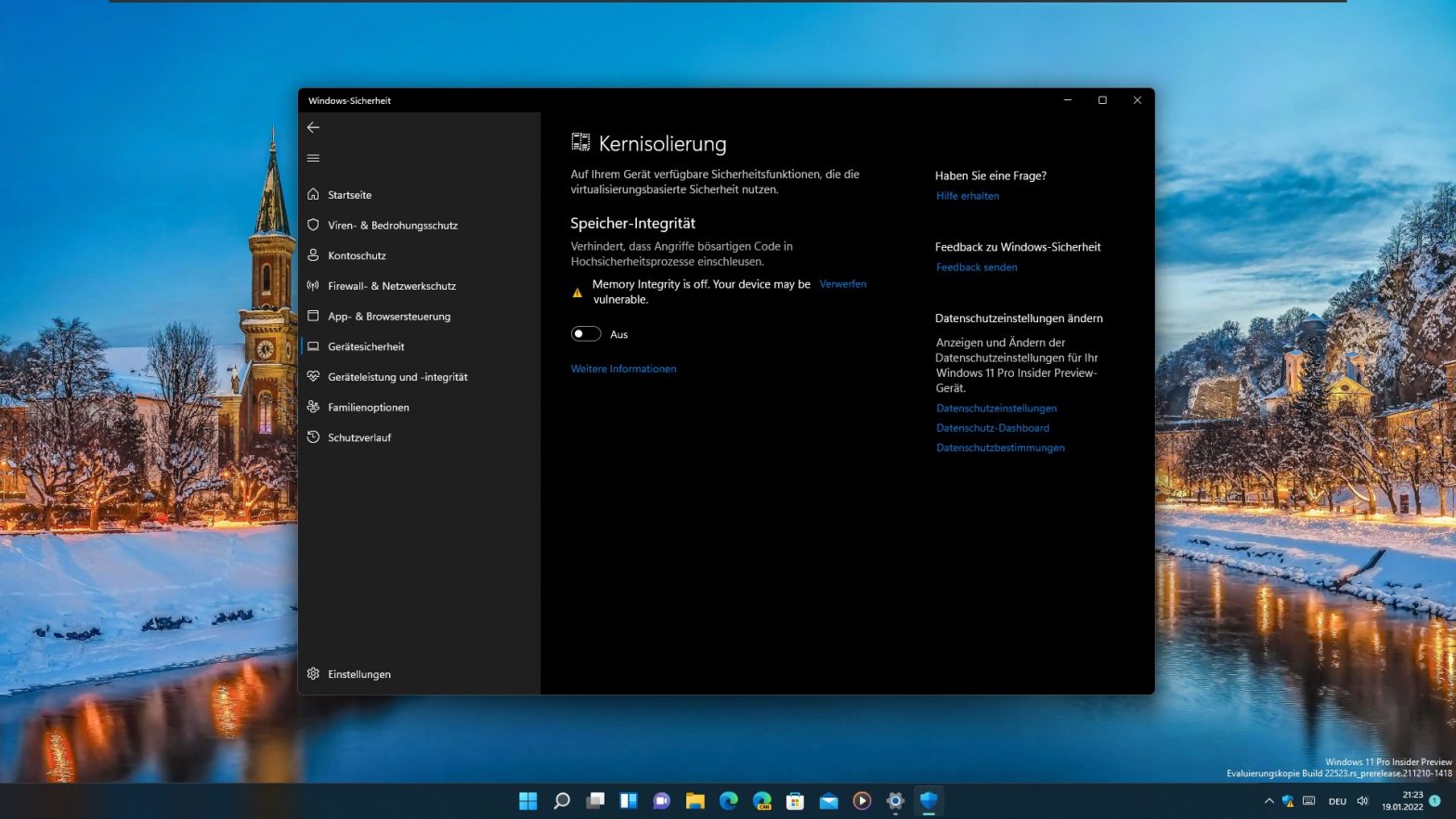 Windows 11: Defender empfiehlt Aktivierung von Kernisolierung / VBS