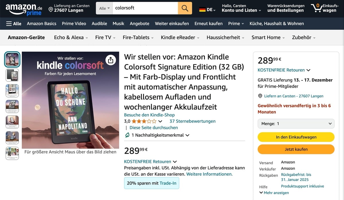 Amazon Kindle Colorsoft: Gelber Rand, verzögerte Lieferung und ein kommendes Update