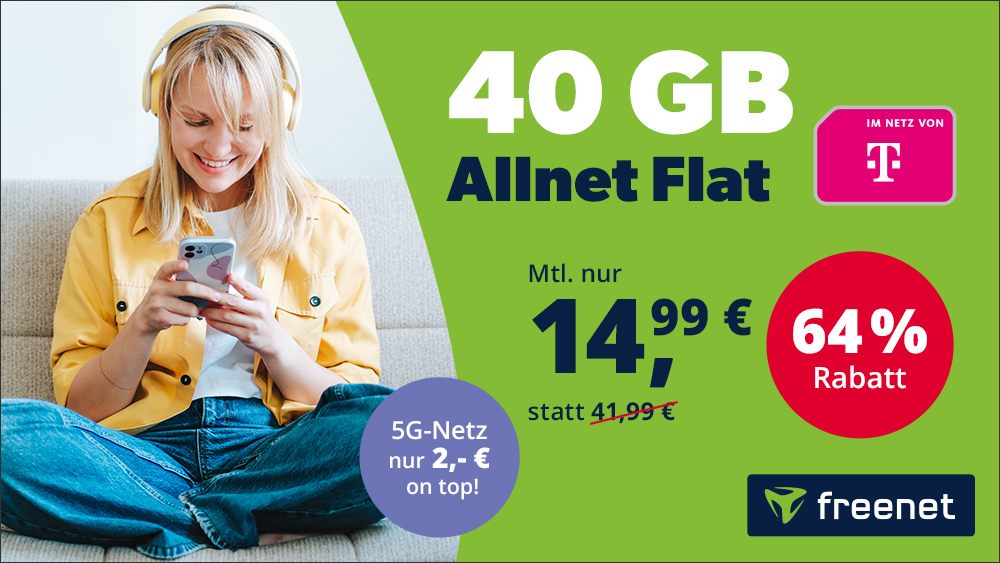freenet-Deal: 40 GB Datenvolumen im Telekom-Netz für 14,99 Euro im Monat