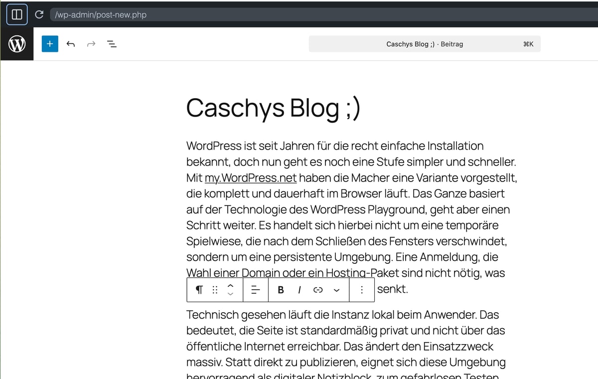 WordPress läuft jetzt direkt und dauerhaft im Browser